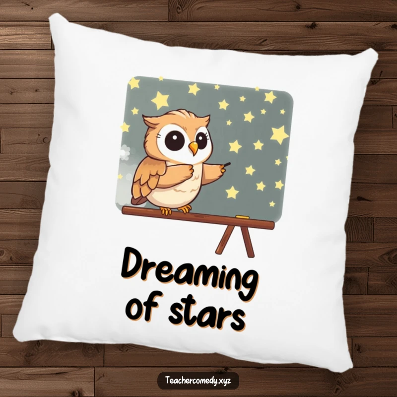 Funny pillow featuring a wise owl pointing at a star-filled blackboard, offering cozy comfort and a reminder of cosmic wonder.