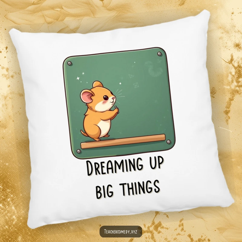 Funny, studious hamster writing on a giant chalkboard, with chalk dust, presented on a soft and decorative pillow for ultimate comfort.