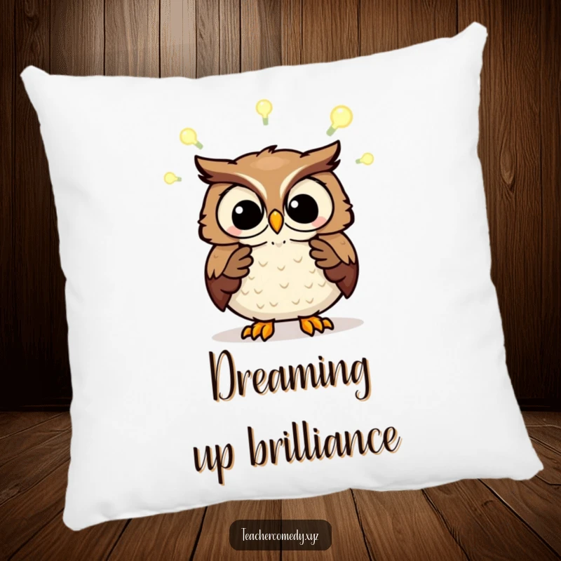 Funny pillow featuring a wise owl explaining concepts with glowing light bulbs. Offers comfort and inspiration.