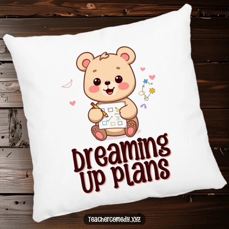 Funny kawaii bear pillow, happy and artistic, drawing a diagram, providing cozy comfort and creative flair.