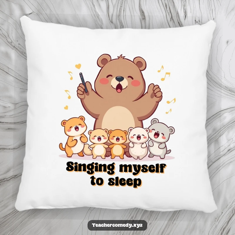 Soft pillow featuring a determined bear leading a group of small animals in a joyful song, adding comfort and humor to any space.