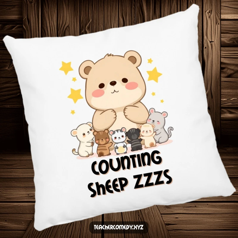 Funny pillow featuring a chubby bear cub teaching smaller animals to count stars, offering soft comfort and adorable educational appeal.