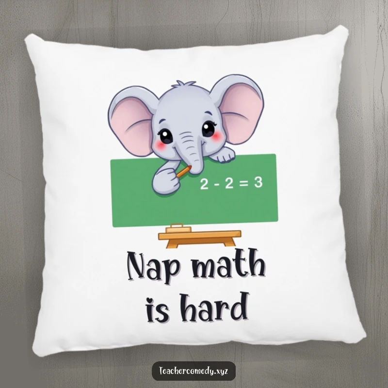 Funny elephant pillow with a smiling elephant pointing to a math equation, offering comfort and a humorous intellectual statement.