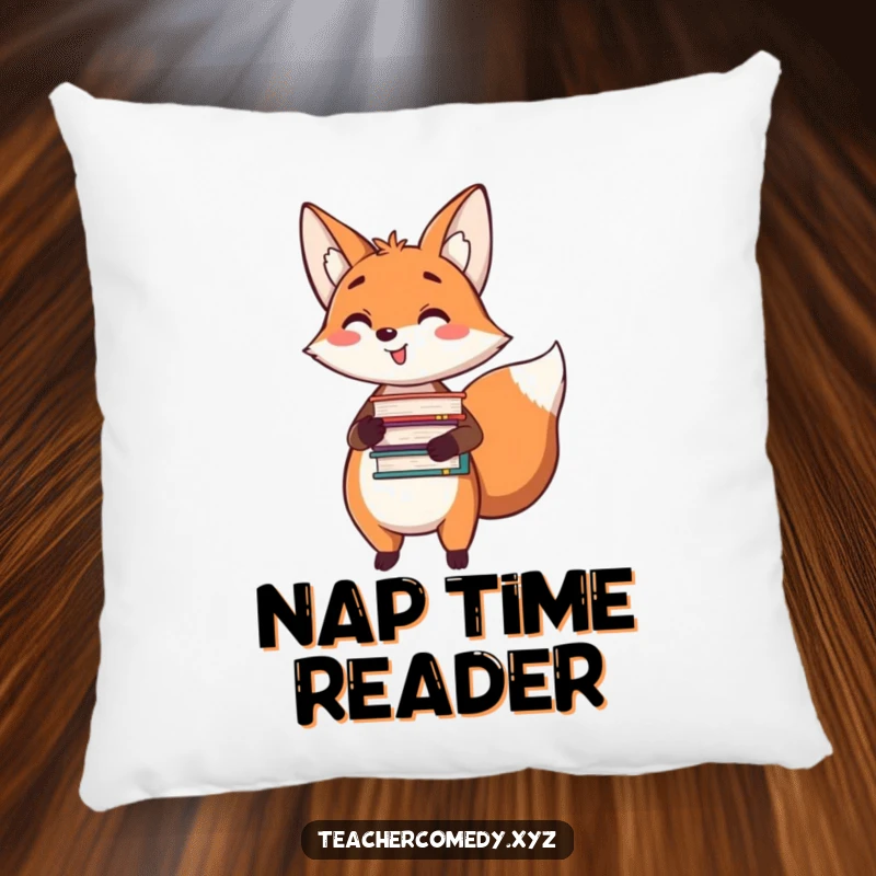 Funny pillow featuring a happy fox holding a stack of books and pointing, adding cozy literary humor to any space.