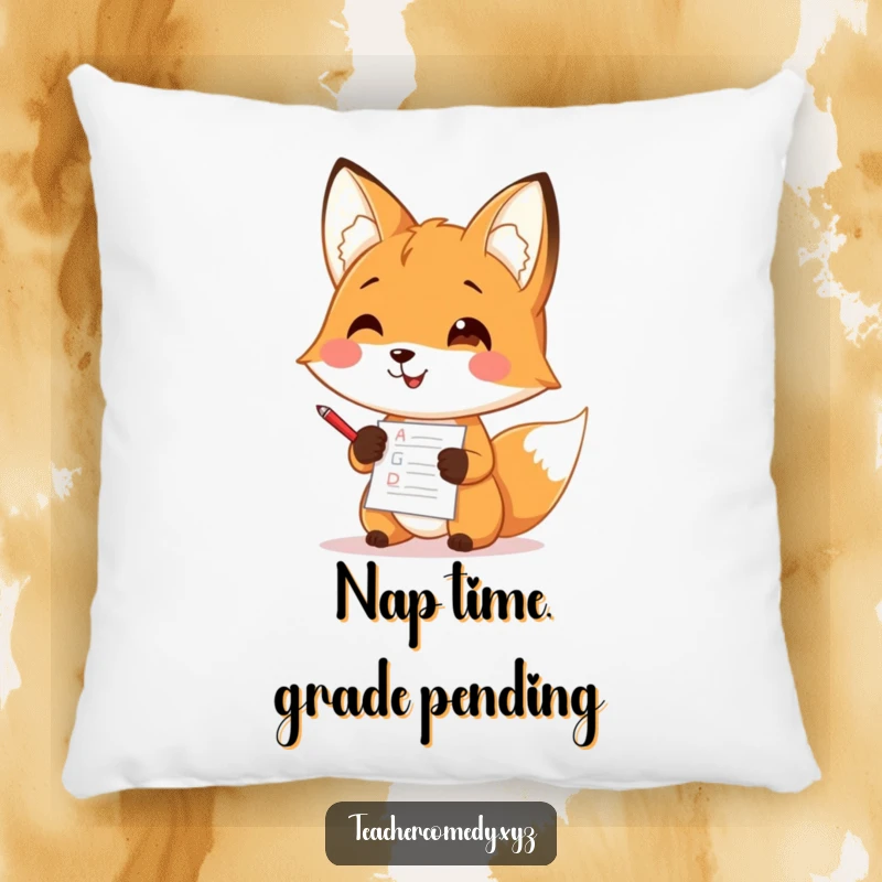 Funny pillow showcasing a cute and happy fox character grading papers with a tiny red pen, looking content.