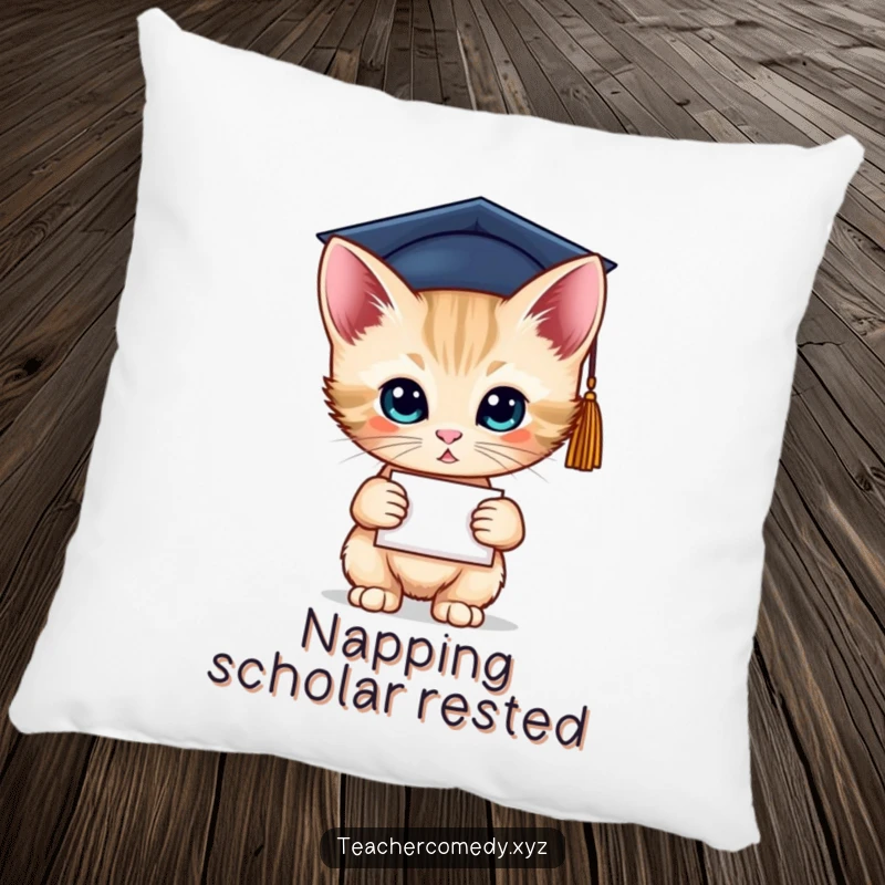 Funny pillow with a curious kitten in a graduation cap holding a diploma, offering comfort and celebration.
