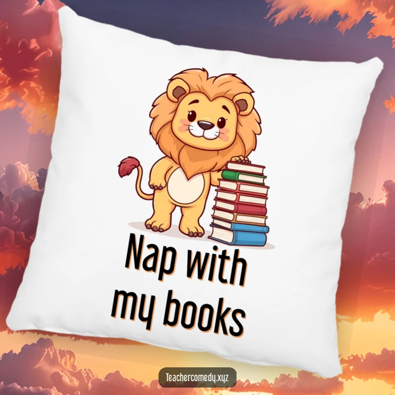 Funny pillow featuring a proud lion character and astack of books, offering comfort and a humorous symbol of intellectual pride.