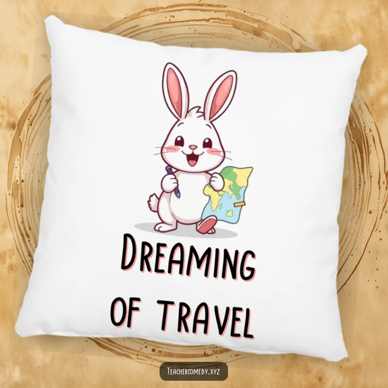 Funny pillow with an excited rabbit pointing at a map with a pointer, bringing humorous comfort for travel dreams.
