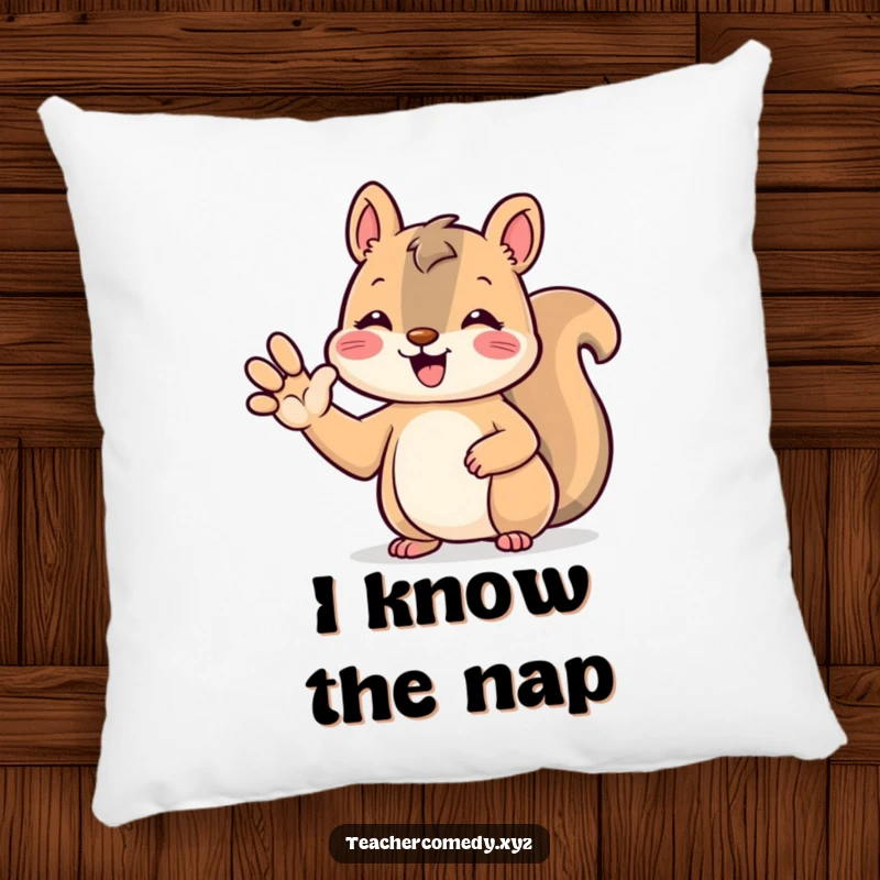 Funny kawaii squirrel pillow, soft and cute, beaming with its paw raised to answer a question, adding charm to any room.