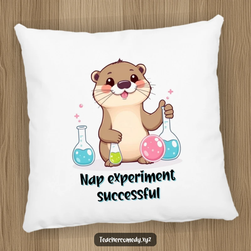 Funny otter character focused on bubbling beakers, soft and cuddly funny pillow.