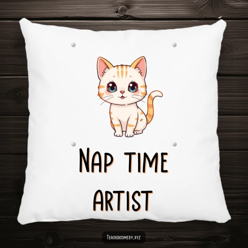 Funny pillow showcasing a curious cat character drawing on a whiteboard, its tail wagging happily.