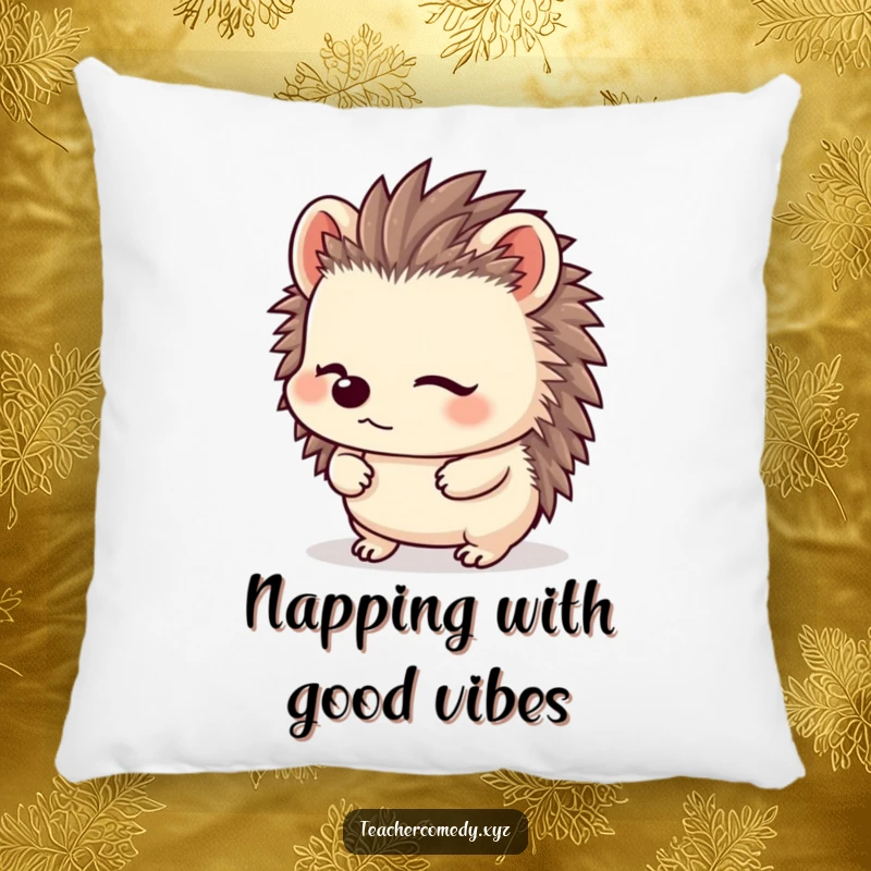 Funny Kawaii Hedgehog Pillow: A content hedgehog listens intently with upturned ears, offering cozy, funny comfort.