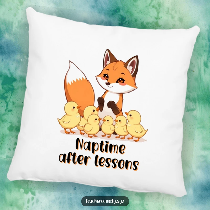 Funny pillow showcasing a playful fox teaching eager chicks, offering comfort and a humorous decorative accent with an educational theme.