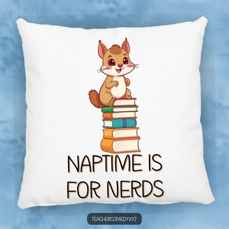 Funny pillow featuring a proud squirrel reaching the top of a ladder made of books, offering comfort and literary humor.