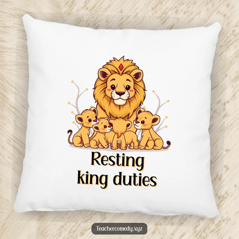 Funny lion king pillow with a majestic lion teaching cubs, offering comfort and a humorous visual of wisdom.