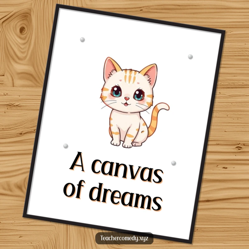 Funny digital art print of a curious cat character drawing on a whiteboard, its tail wagging with artistic joy.