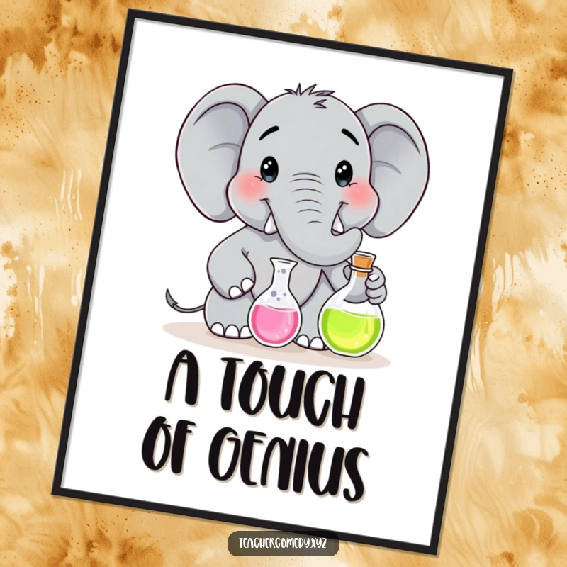 Funny digital art print of a smiling elephant character in a lab coat, conducting a science experiment with a flask.