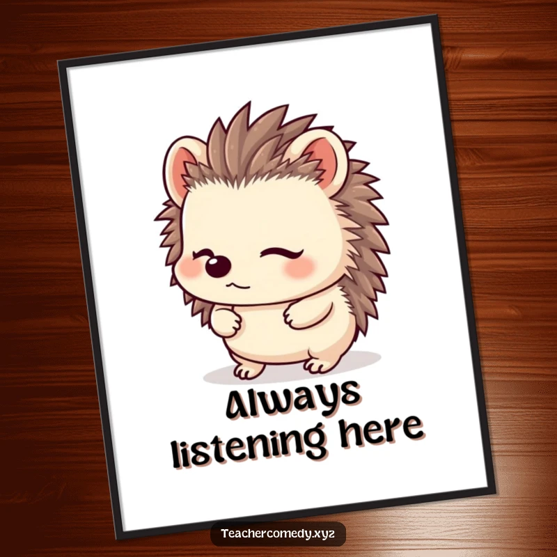 Funny Kawaii Hedgehog Digital Art Print: A content hedgehog listens with perked ears, bringing funny serenity and focus to your digital displays.