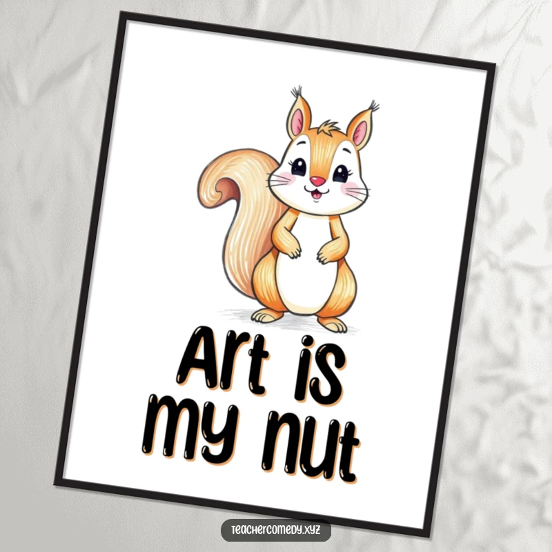 Funny digital art print of a playful squirrel drawing with a crayon on a large paper, perfect for humorous wall decor.