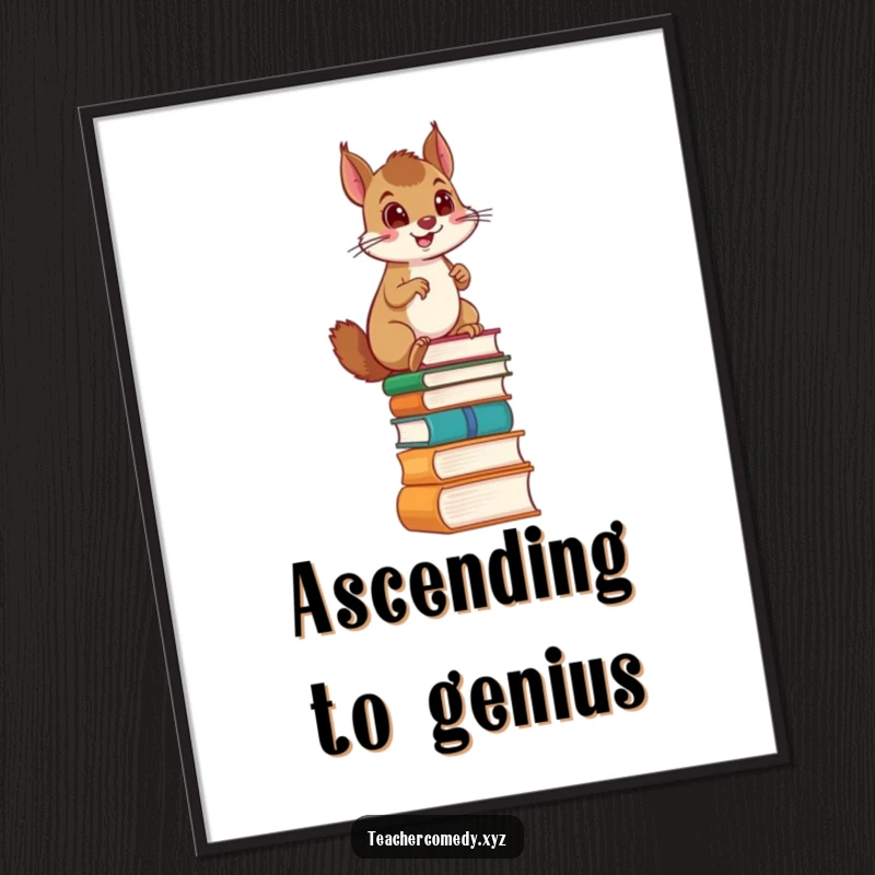 Funny digital art print of a proud squirrel determinedly climbing a ladder formed from stacked books, conveying ambition and love for reading.