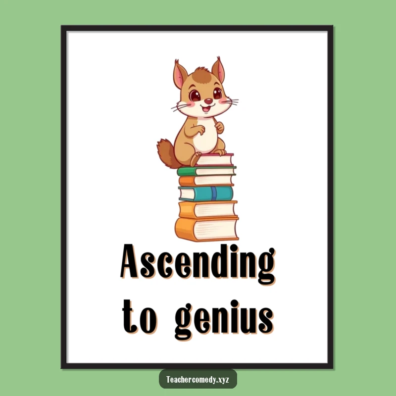 Funny Squirrel Climbing Art Print: Proud determination on a book ladder, a vibrant and funny gift for any wall.