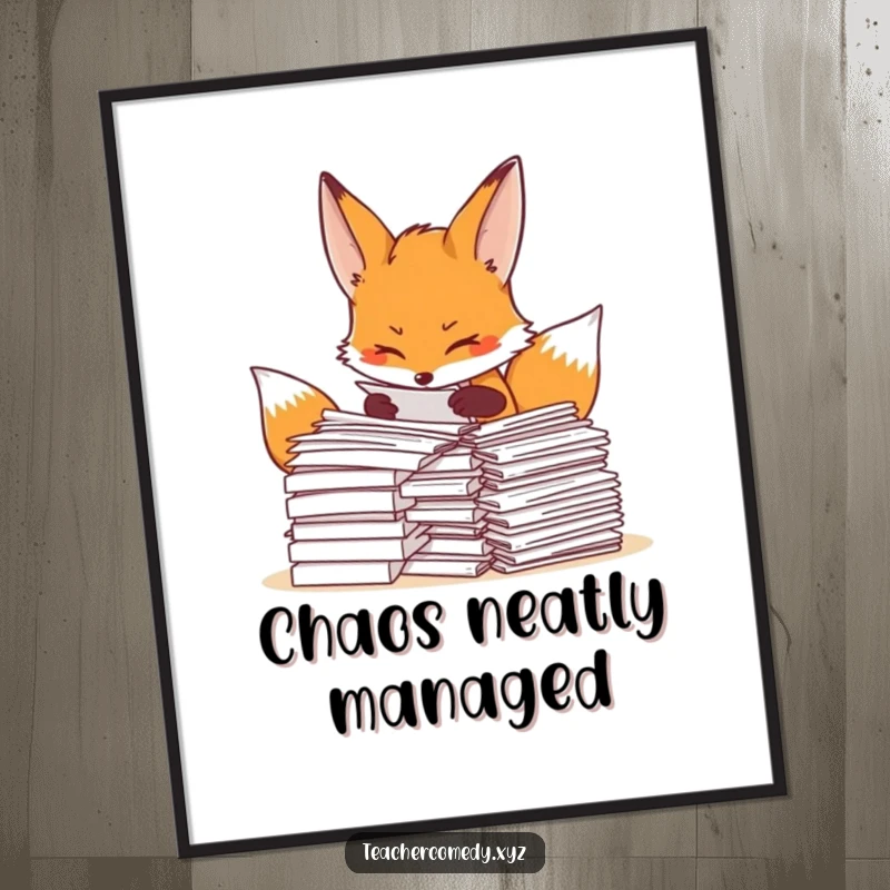 Funny fox digital art print of a determined fox meticulously organizing papers, ideal for professional and humorous decor.