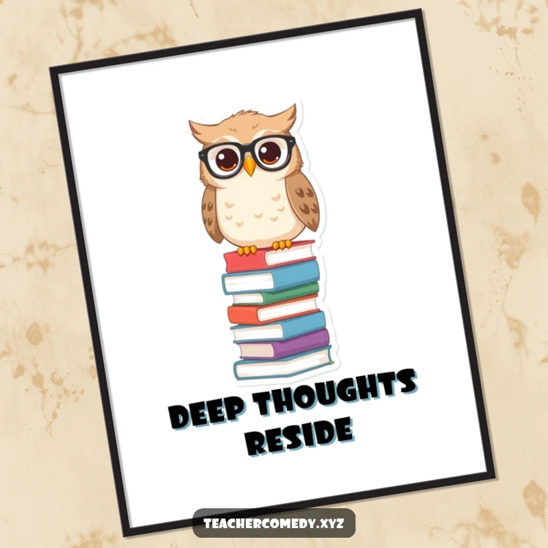 Funny owl digital art print of a wise owl with spectacles on a tall stack of books, ideal for intellectual and humorous decor.