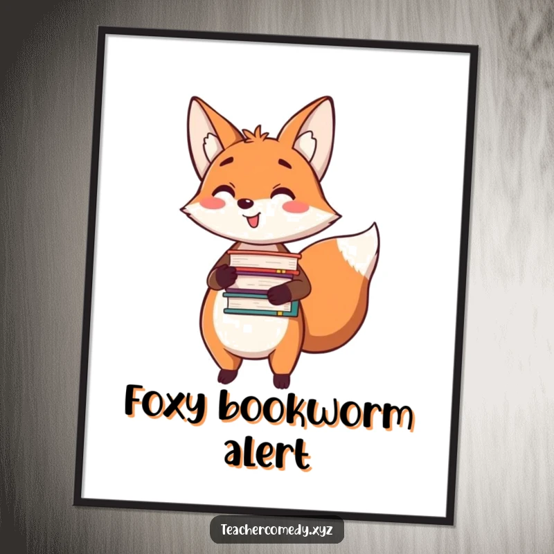 Funny digital art print of a happy fox holding a stack of books and pointing, perfect for literary-themed wall decor.