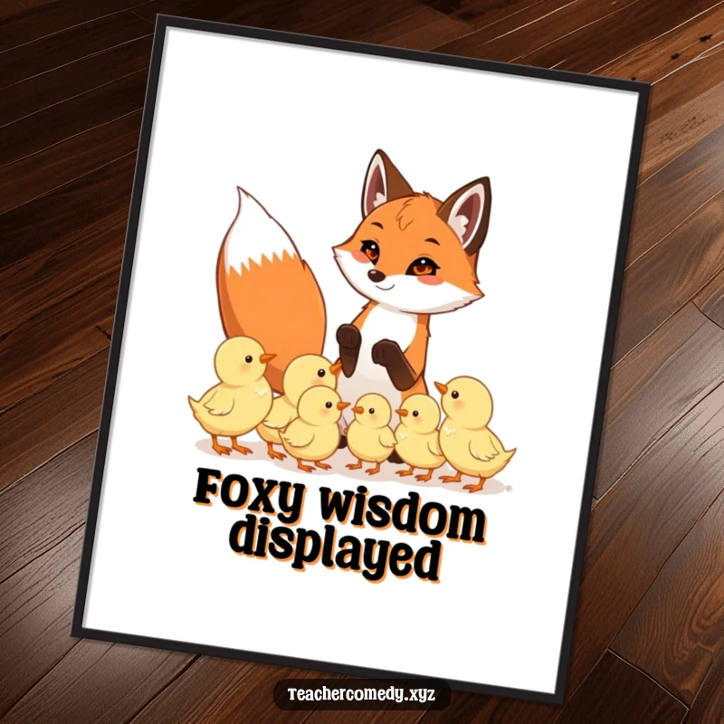 Funny digital art print of a playful fox teaching eager chicks, perfect for printable wall decor and educational spaces with a humorous theme.