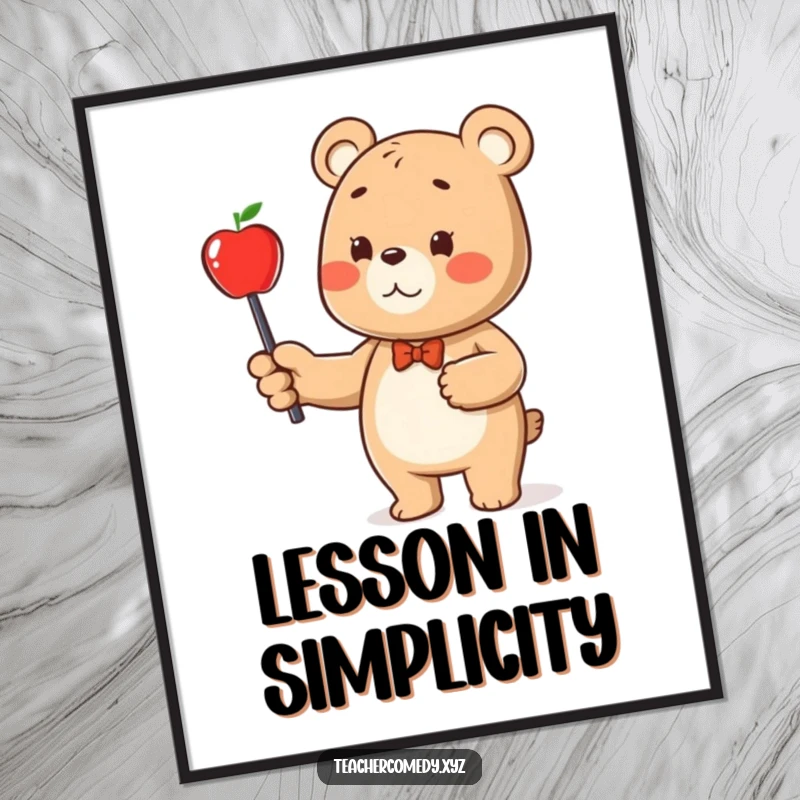 Funny bear character digital art print, a bear with a pointer stick indicating an apple, ready for instant display.