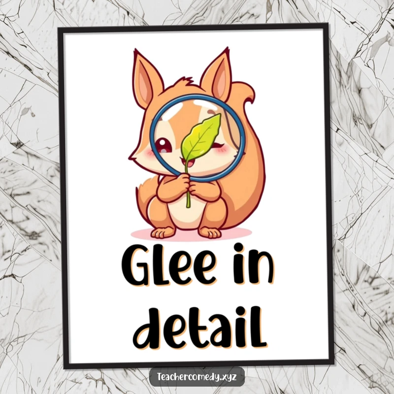 Funny digital art print of a curious squirrel examining a magnified leaf with glee, a humorous and inspiring depiction of nature's wonders.