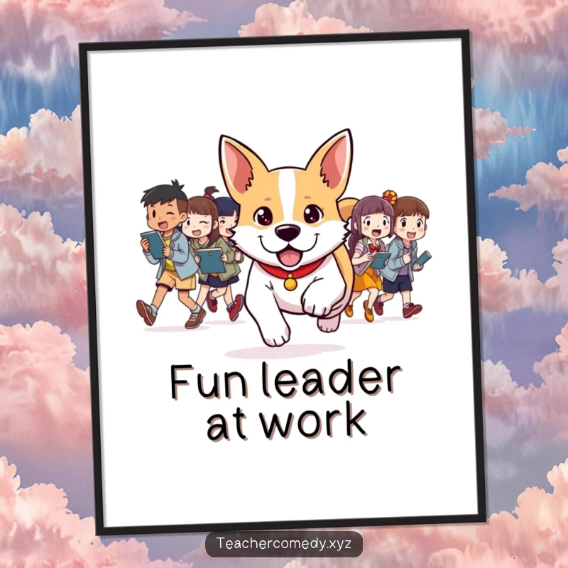 Funny digital art print of a determined dog leading a group of students in a joyful activity, symbolizing leadership and fun.