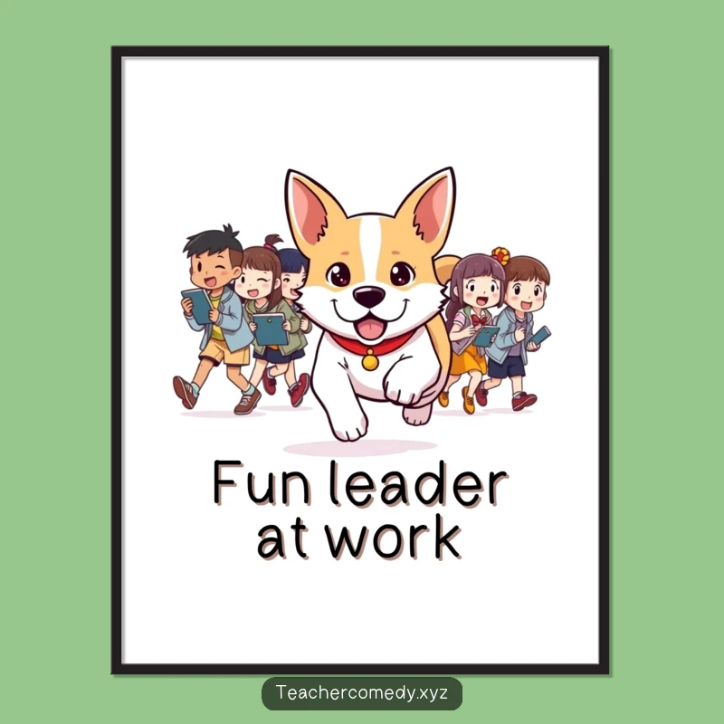 Funny Dog Leader Art Print: Determined canine guides the fun, vibrant and funny gift for any wall.