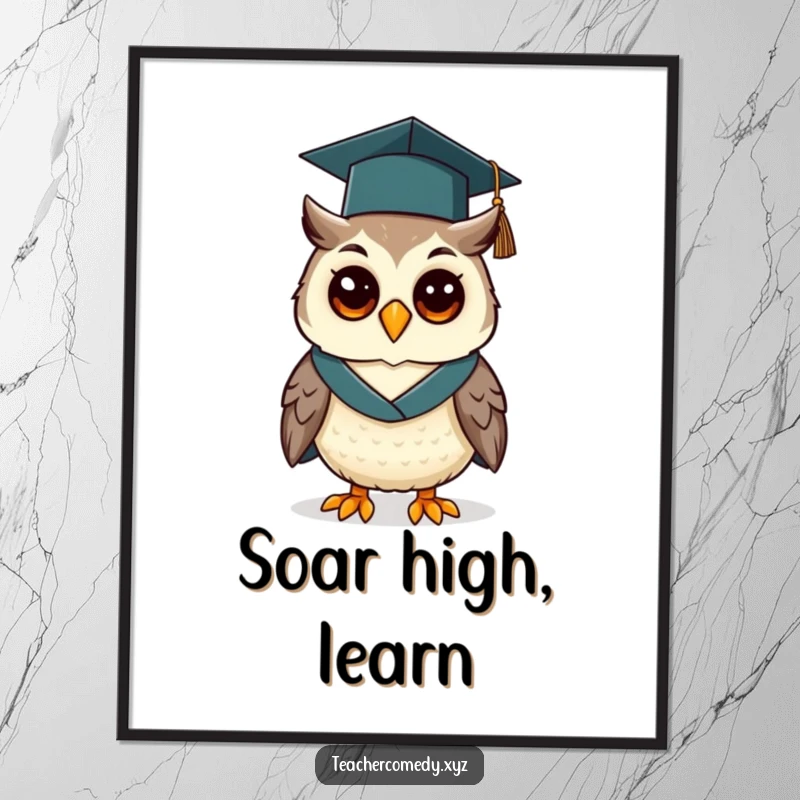 Funny digital art print of a cheerful owl wearing a graduation cap and gown, perfect for smart and celebratory decor.