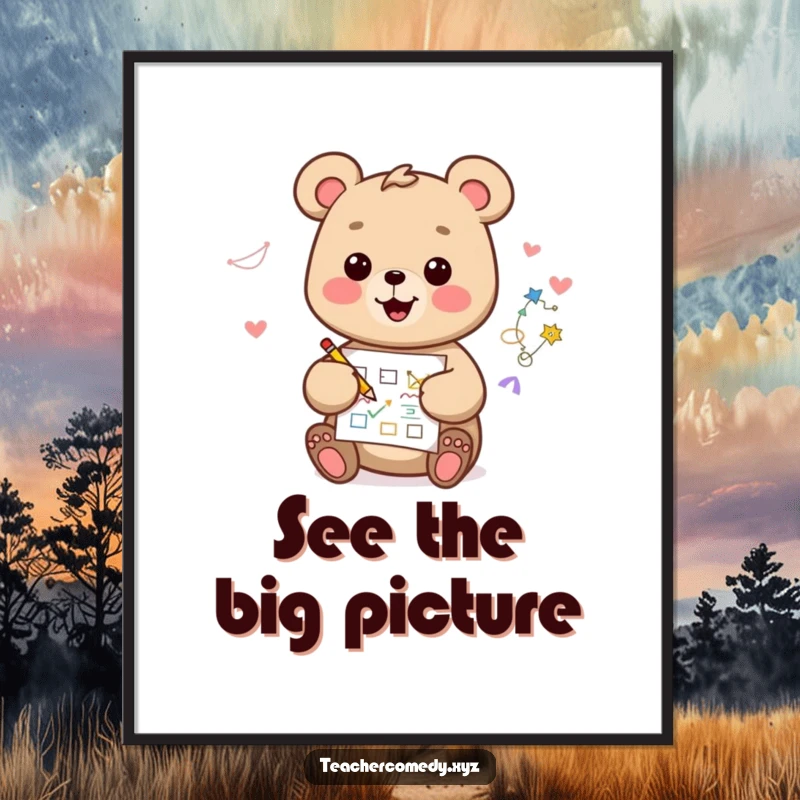 Funny kawaii bear digital art print, happy and creative, drawing a diagram, perfect for inspiring digital spaces.