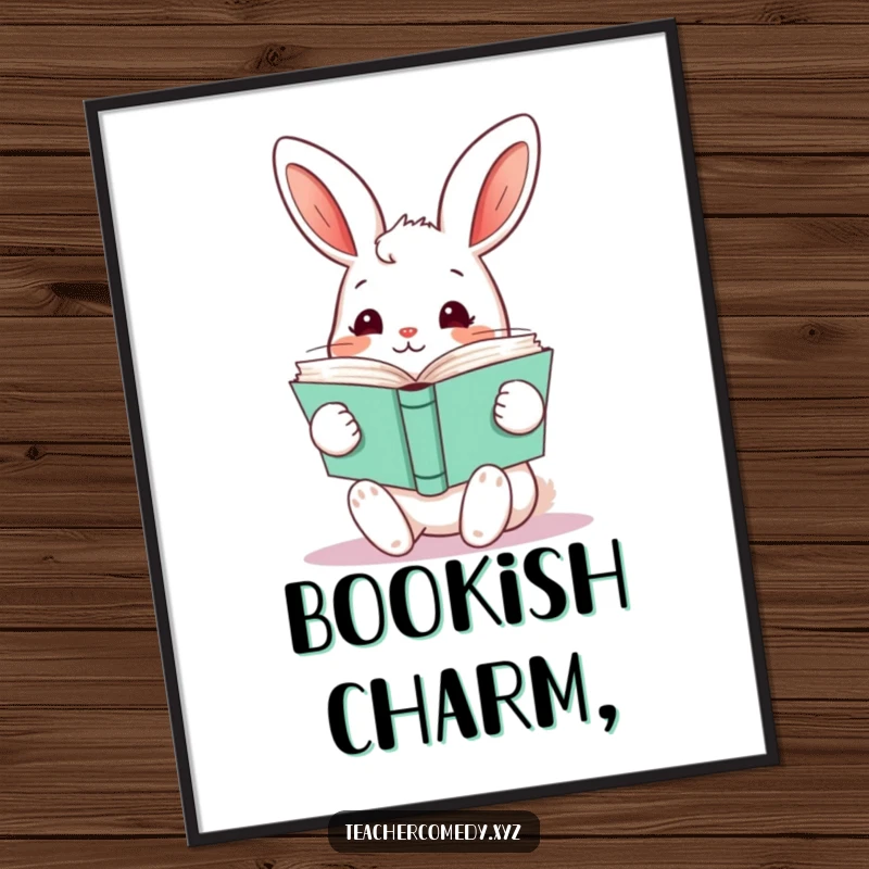 Funny kawaii rabbit holding a stack of open books, high-resolution digital art print for humorous literary decor.