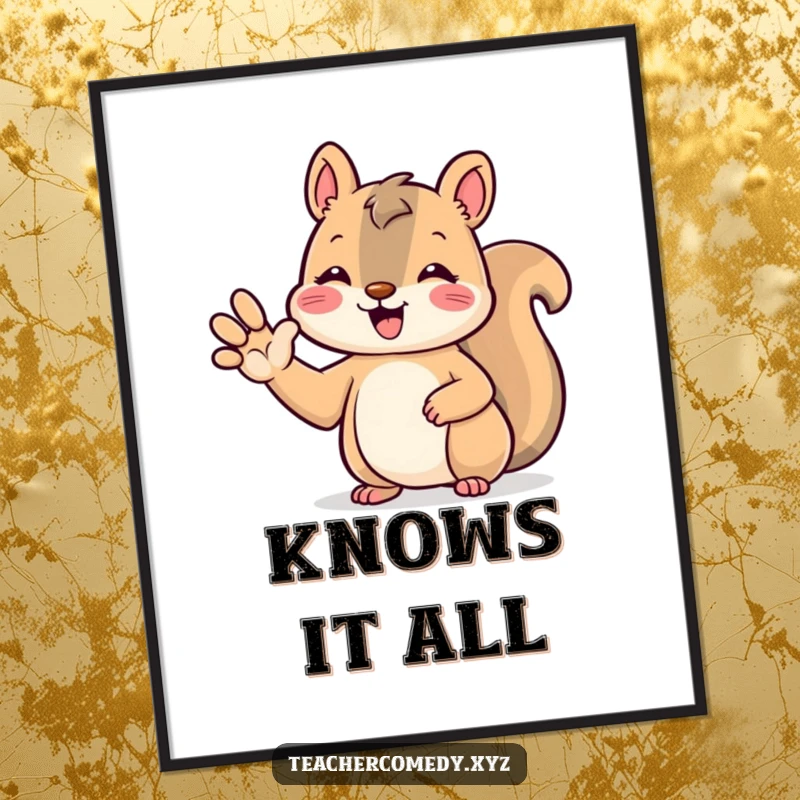 Funny kawaii squirrel digital art print, beaming, cute animal raising paw to answer, showcasing eagerness and charm.