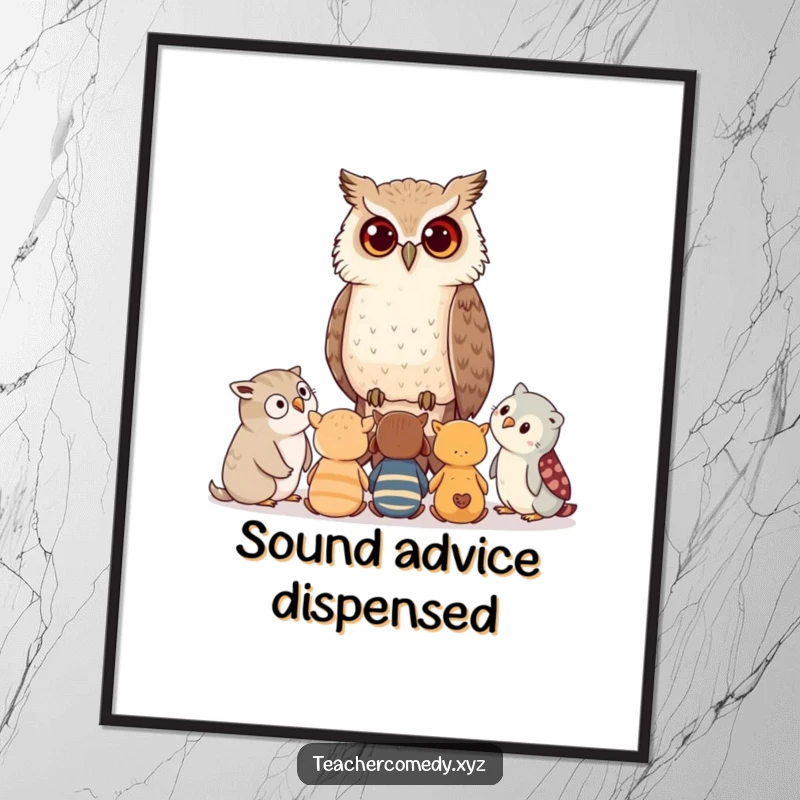 Funny digital art print of a wise owl whispering advice to a group of attentive young critters, symbolizing mentorship and learning.