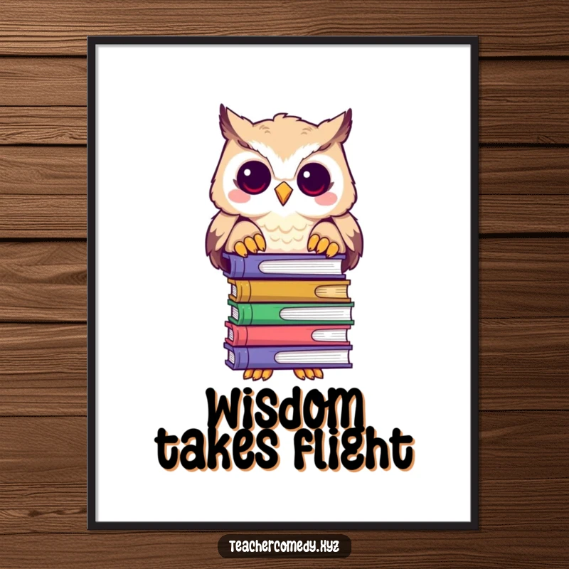 Funny digital art print of a playful owl character peering over a stack of books, exuding wisdom and charm.