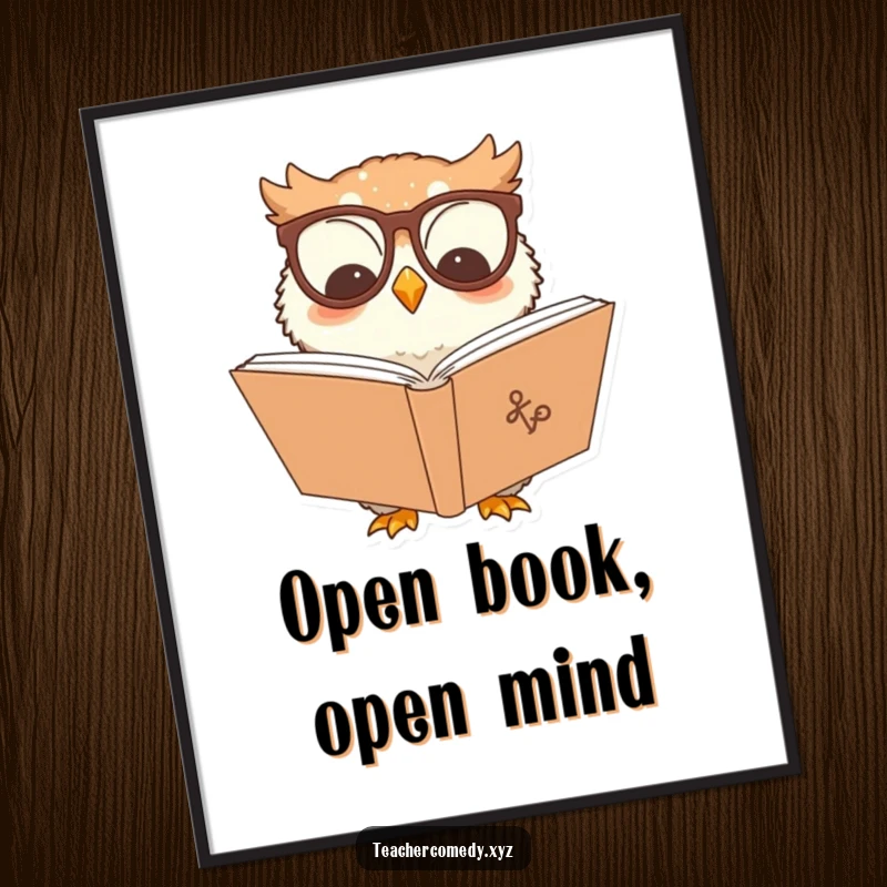 Funny owl character digital art print, a wise owl wearing glasses, engrossed in reading a large book, ready for display.