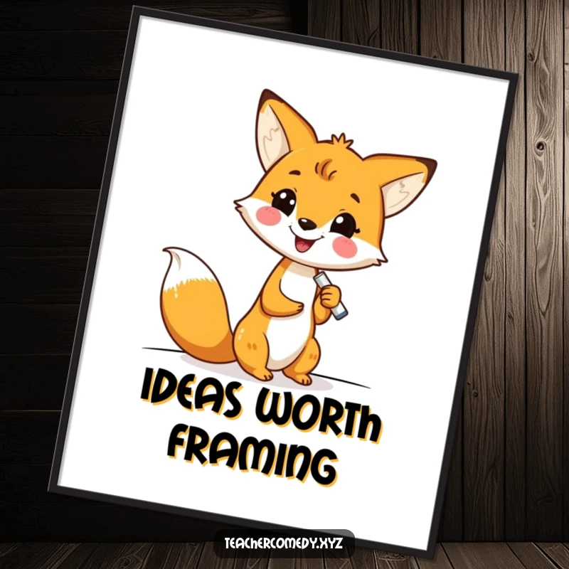 Funny kawaii fox enthusiastically writing on a whiteboard with chalk, a high-resolution digital art print for instant, humorous wall decor.