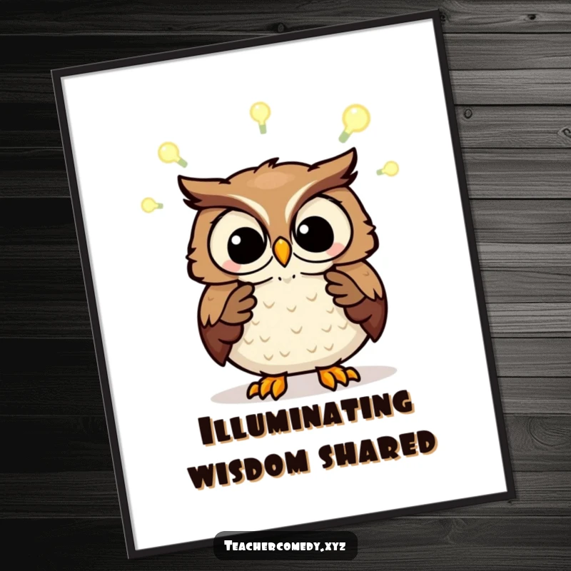 Funny digital art print of a wise owl explaining concepts with glowing light bulbs. Symbolizes ideas. Instant decor.