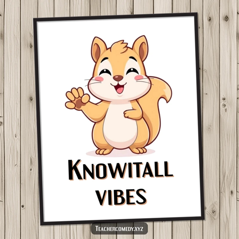 Funny kawaii squirrel raising its paw to answer a question, a high-resolution digital art print for instant, humorous and smart decor.
