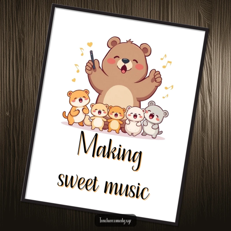 A determined bear leading a chorus of small animals in song, as a high-resolution digital art print for instant, humorous wall decor.