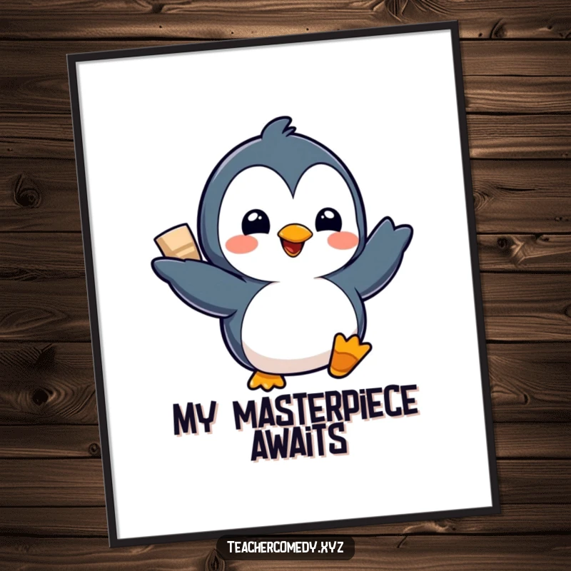 Funny Kawaii Penguin Digital Art Print: A delighted penguin proudly presents a project with a flourish, offering instant funny charm for digital display.