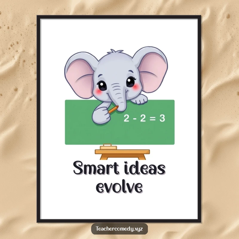 Funny elephant digital art print of a smiling elephant pointing to a math equation on a blackboard, ideal for smart and humorous decor.