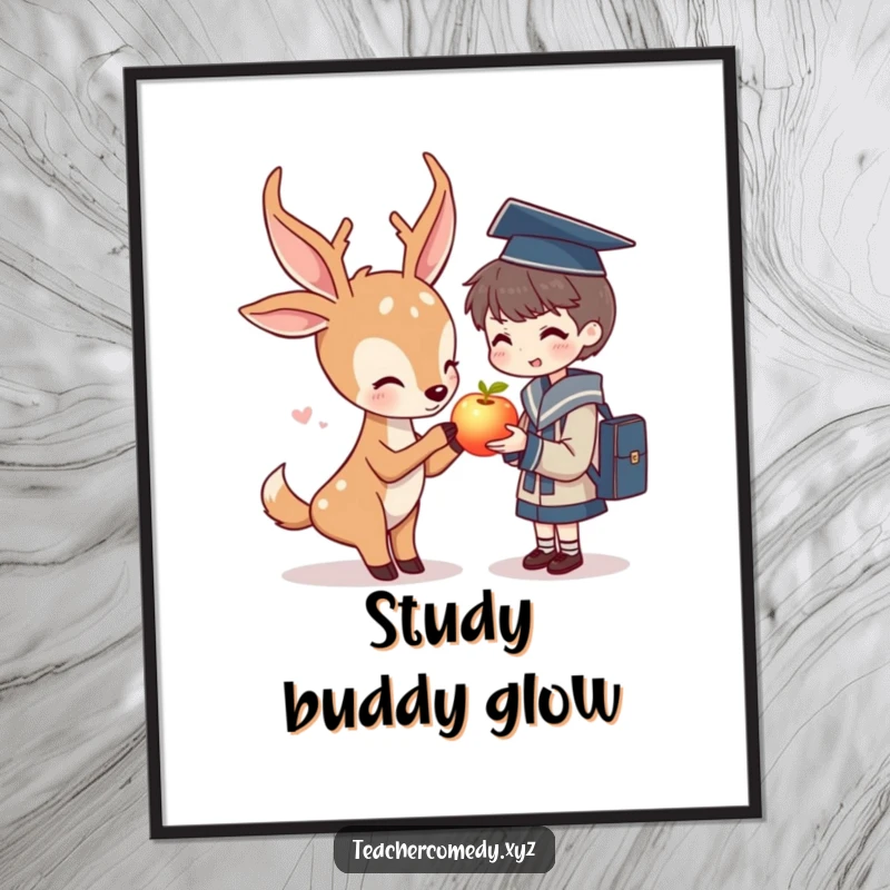 Funny digital art print: a deer character kindly shares a luminous apple with a student, symbolizing education and friendship.