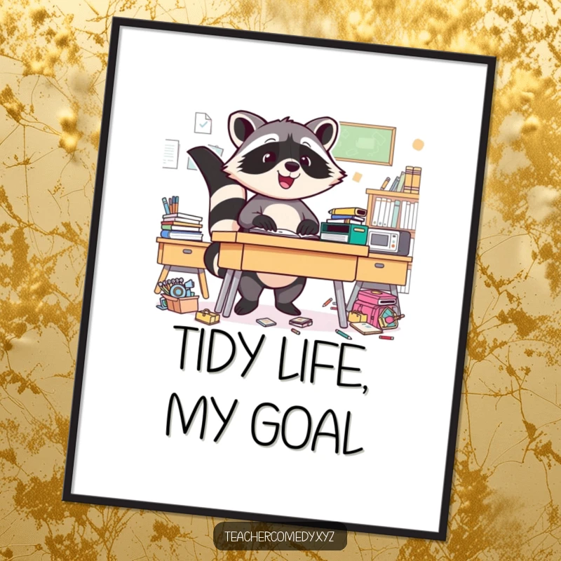 Funny Raccoon Digital Art Print: A triumphant raccoon hero cleans a messy desk, conveying humor.