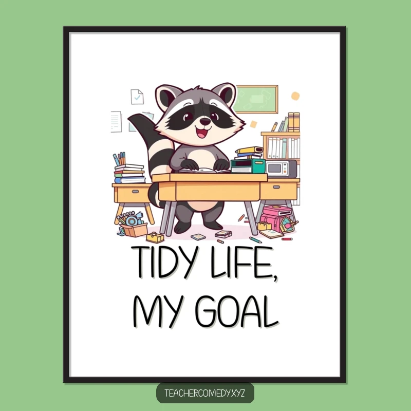 Funny Raccoon Digital Art: Triumphant Desk Tidying Humor, Instant Funny Gift Download!