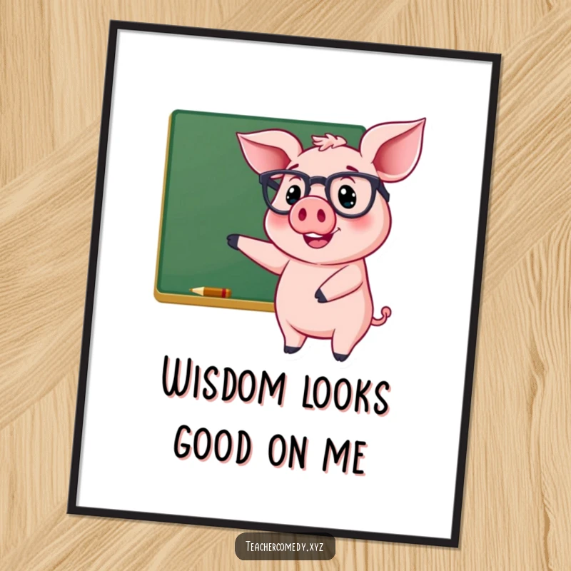 Funny digital art print of a cheerful pig wearing glasses, smiling and pointing at a chalkboard, a humorous piece for walls.